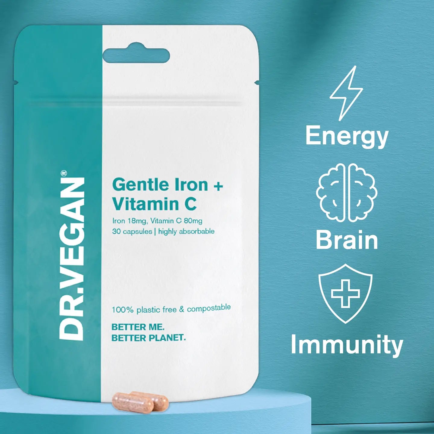 Gentle Iron & Vitamin C | 18mg & 80mg | 30 Capsules | Dr. Vegan