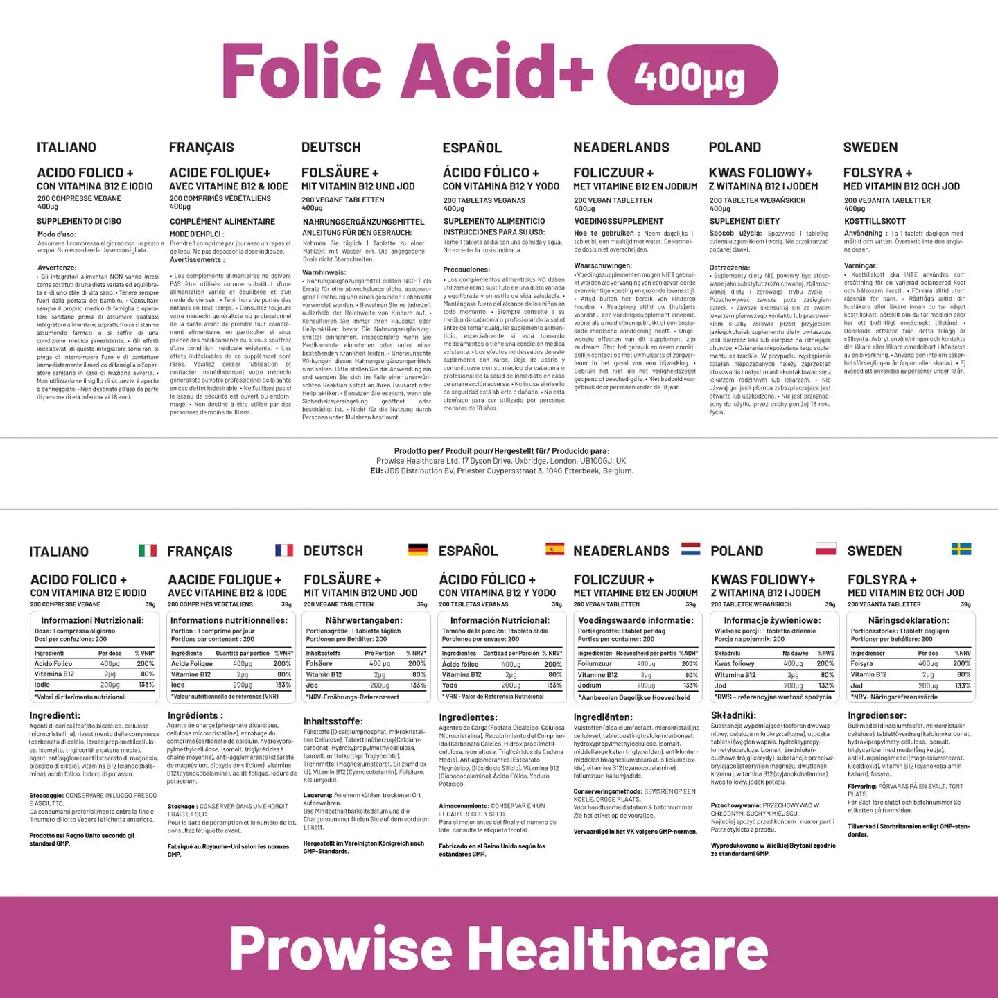 Folic Acid Tablets 400 Mcg - 400 Vegan Vitamin B9 Tablets | Prowise Healthcare