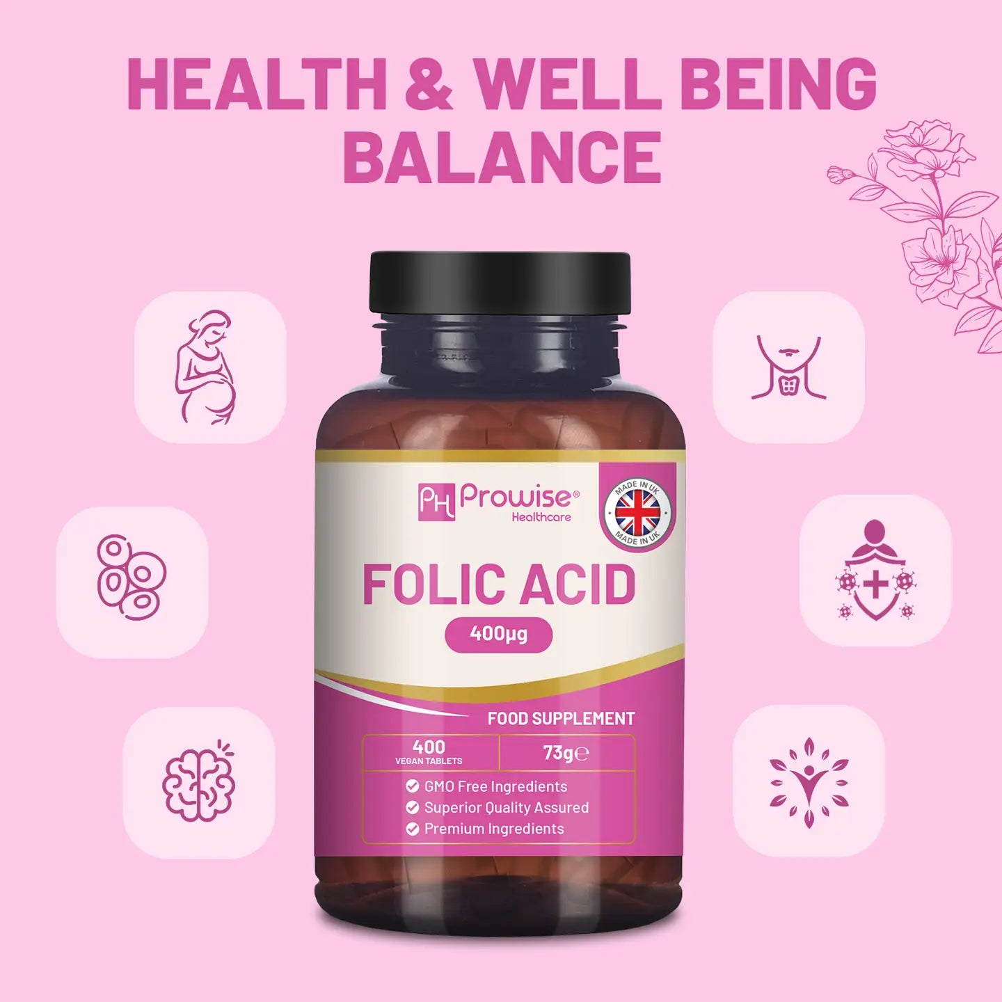 Folic Acid Tablets 400 Mcg - 400 Vegan Vitamin B9 Tablets | Prowise Healthcare