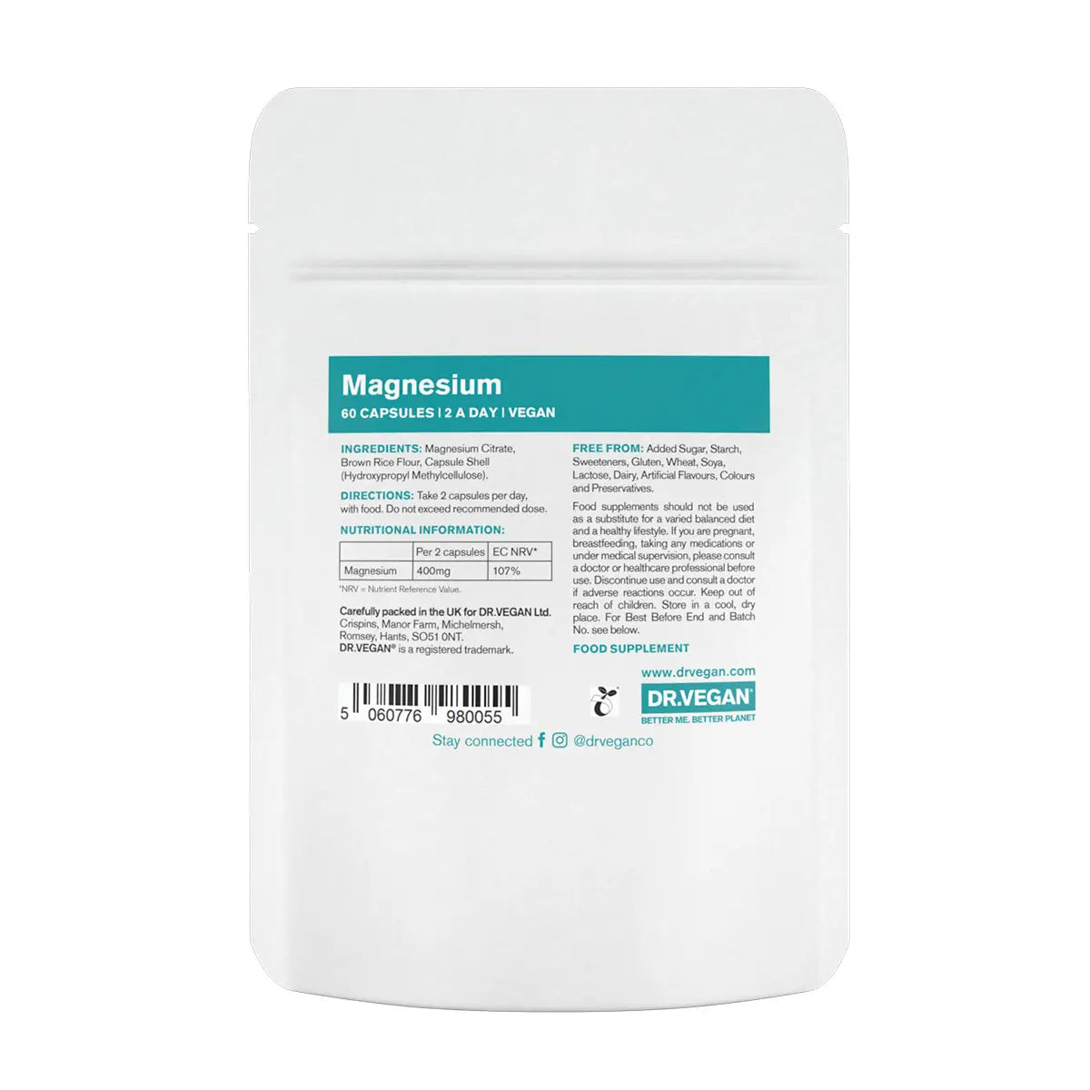 Magnesium Citrate | 400mg | 60 Capsules | Dr Vegan