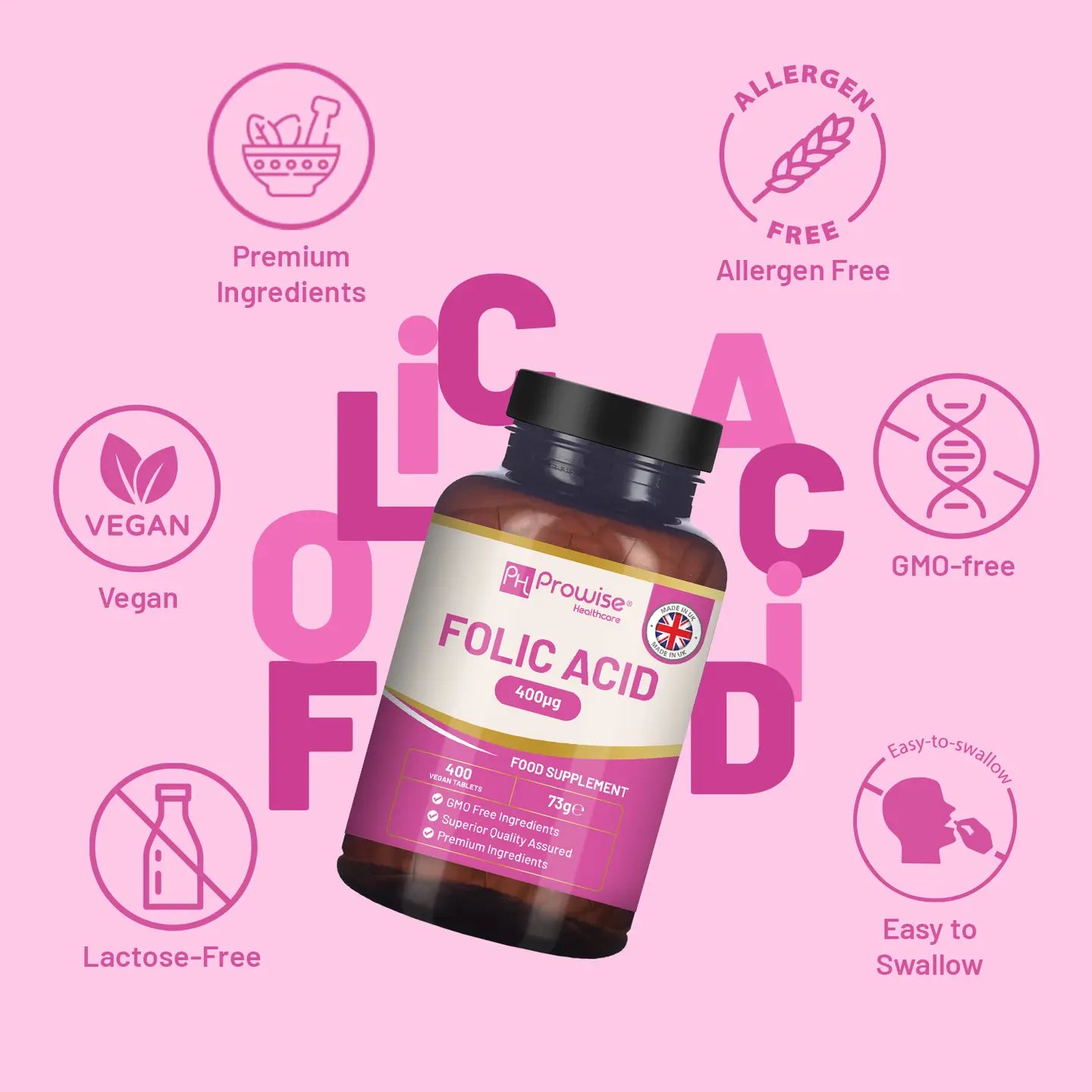 Folic Acid Tablets 400 Mcg - 400 Vegan Vitamin B9 Tablets | Prowise Healthcare