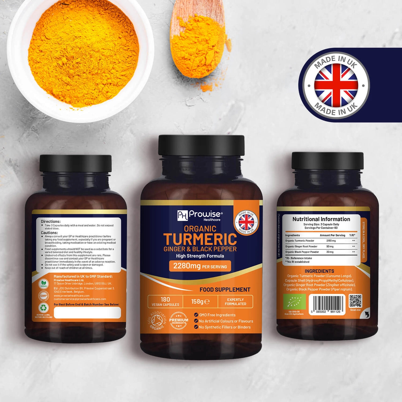 Organic Turmeric 2280mg (High Strength) with Black Pepper | 180-capsule | Prowise Healthcare