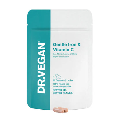 Gentle Iron & Vitamin C | 18mg & 80mg | 30 Capsules | Dr. Vegan