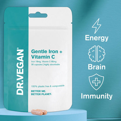 Gentle Iron & Vitamin C | 18mg & 80mg | 30 Capsules | Dr. Vegan