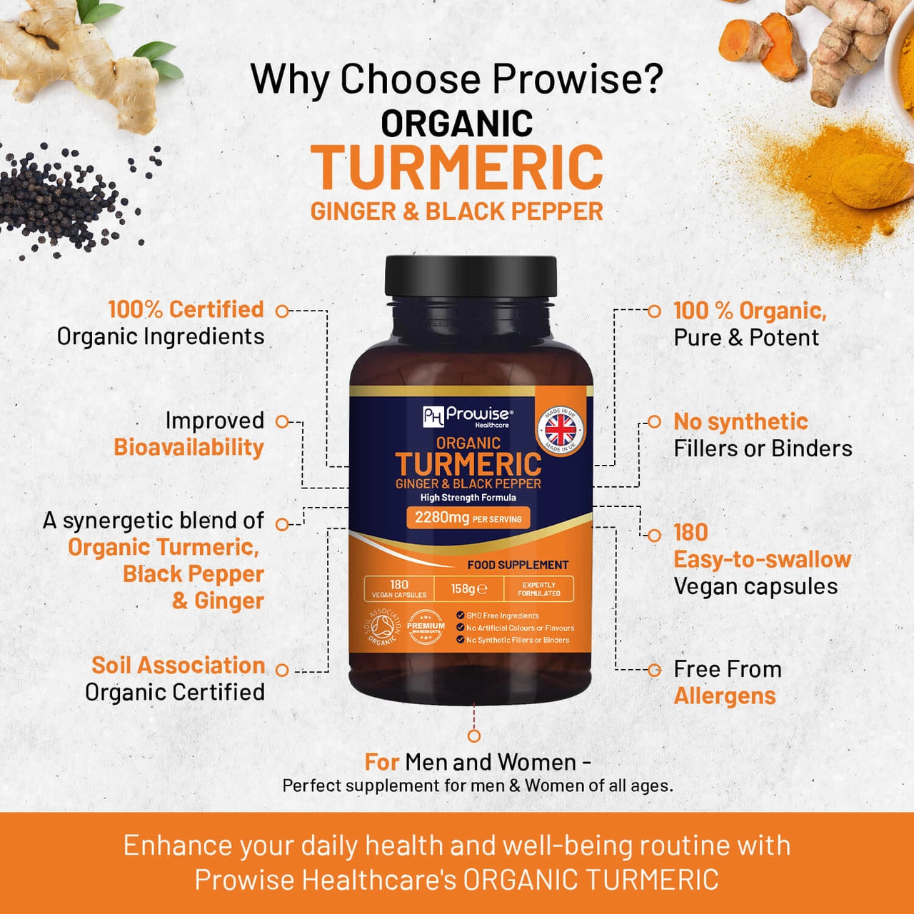 Organic Turmeric 2280mg (High Strength) with Black Pepper |  180-capsule | Prowise Healthcare