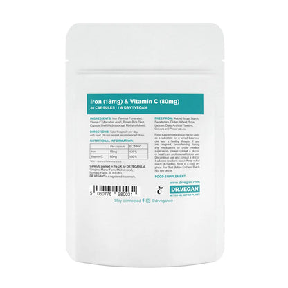 Gentle Iron & Vitamin C | 18mg & 80mg | 30 Capsules | Dr. Vegan
