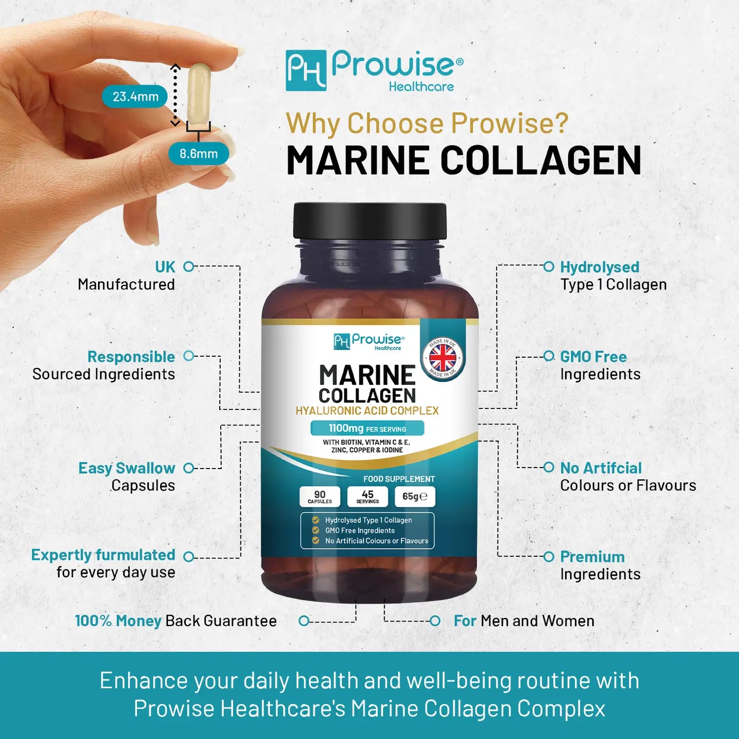 Marine Collagen with Hyaluronic Acid 1100mg - 90 Capsules - Prowise Healthcare